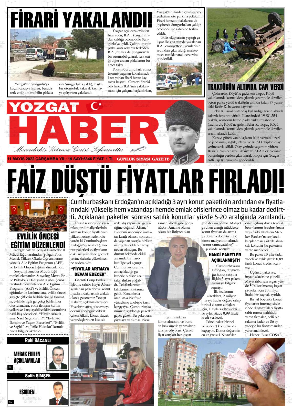 11 Mayıs 2022 Yozgat Haber Gazete Manşeti