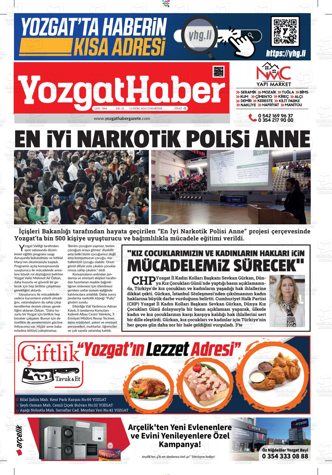 12 Ekim 2024 Yozgat Haber Gazete Manşeti