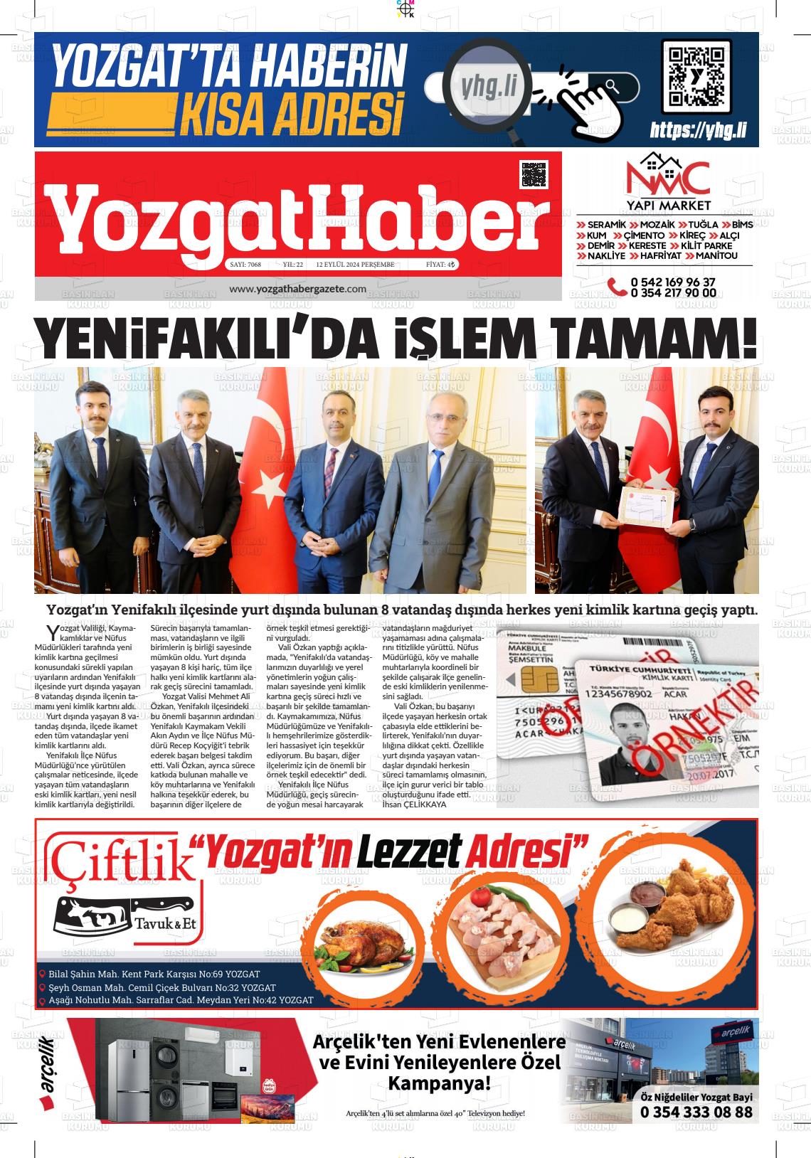 12 Eylül 2024 Yozgat Haber Gazete Manşeti