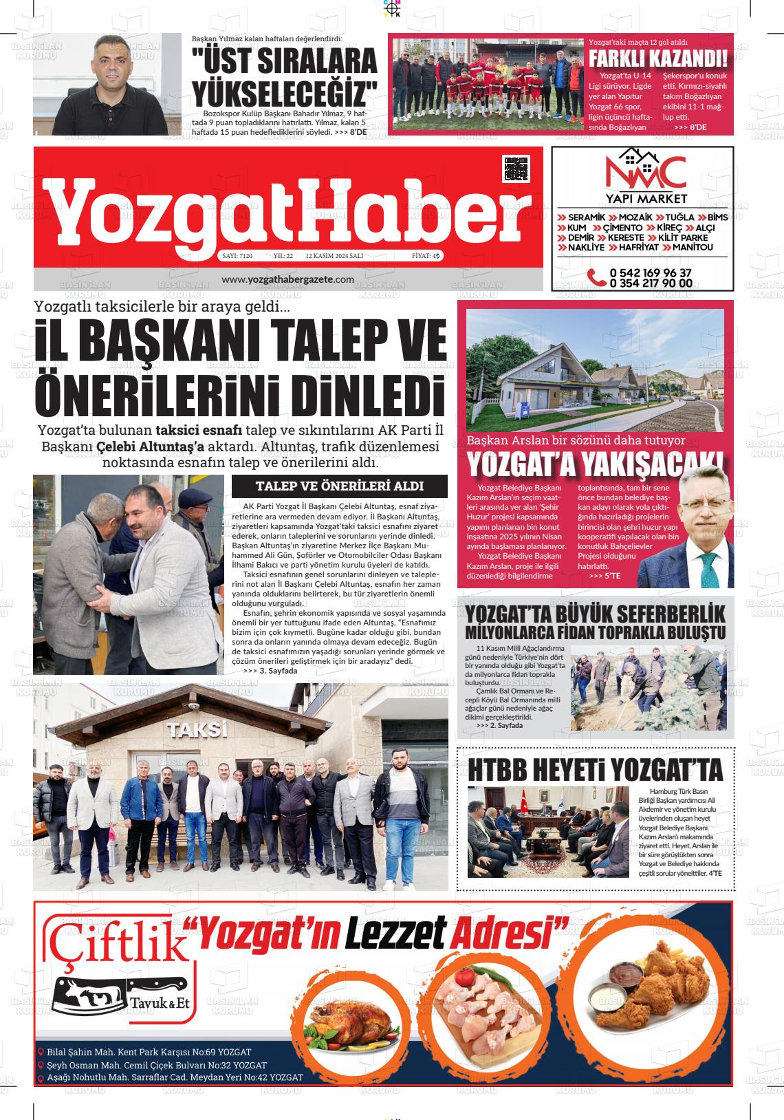 12 Kasım 2024 Yozgat Haber Gazete Manşeti