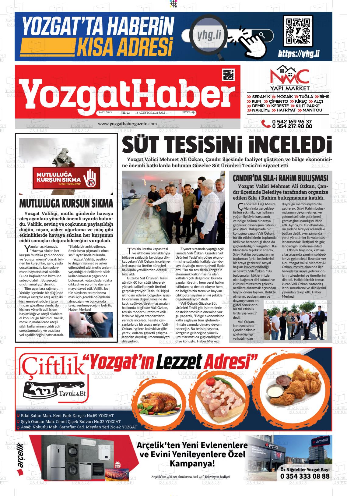 13 Ağustos 2024 Yozgat Haber Gazete Manşeti