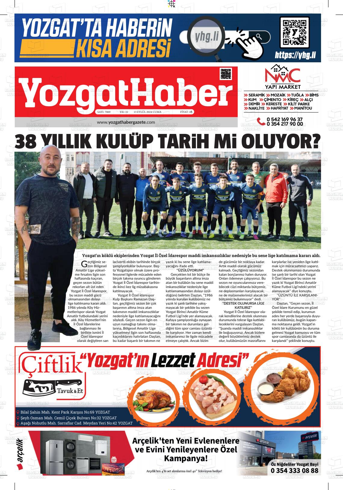 13 Eylül 2024 Yozgat Haber Gazete Manşeti