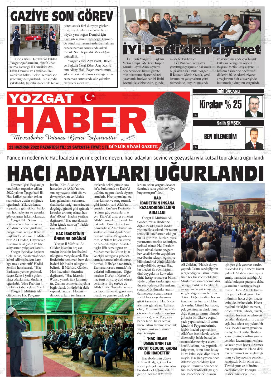 13 Haziran 2022 Yozgat Haber Gazete Manşeti