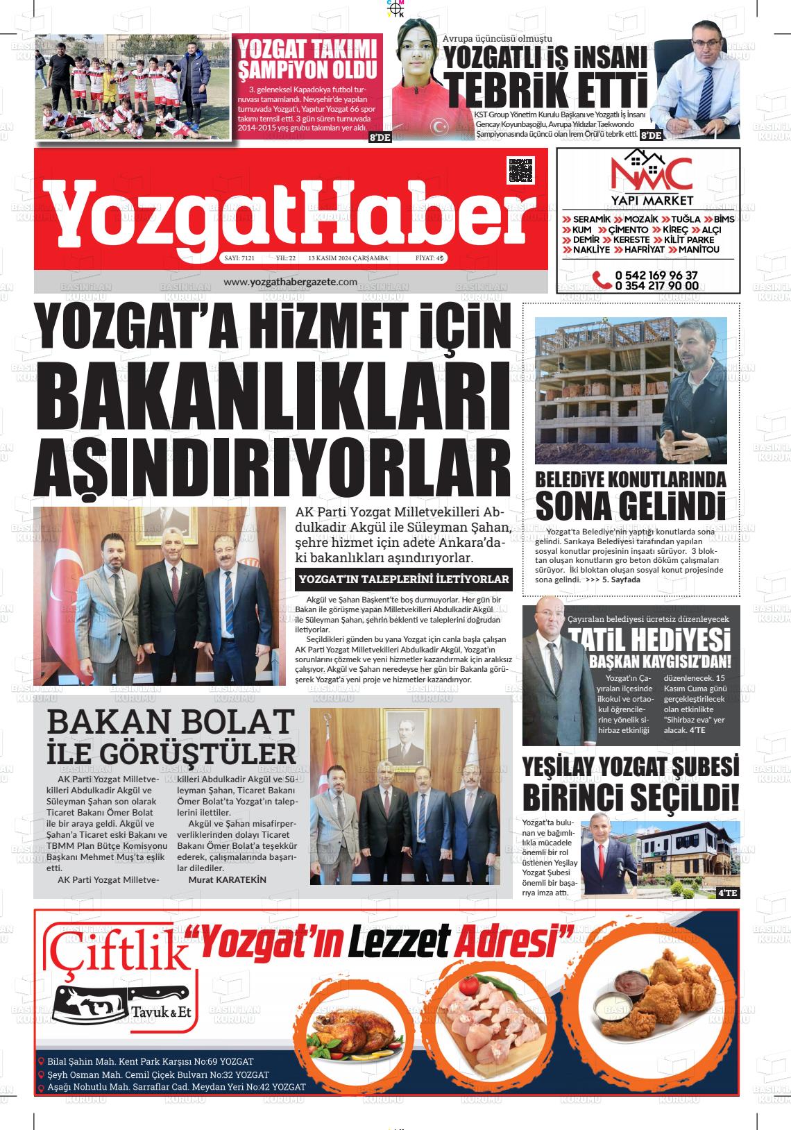 13 Kasım 2024 Yozgat Haber Gazete Manşeti