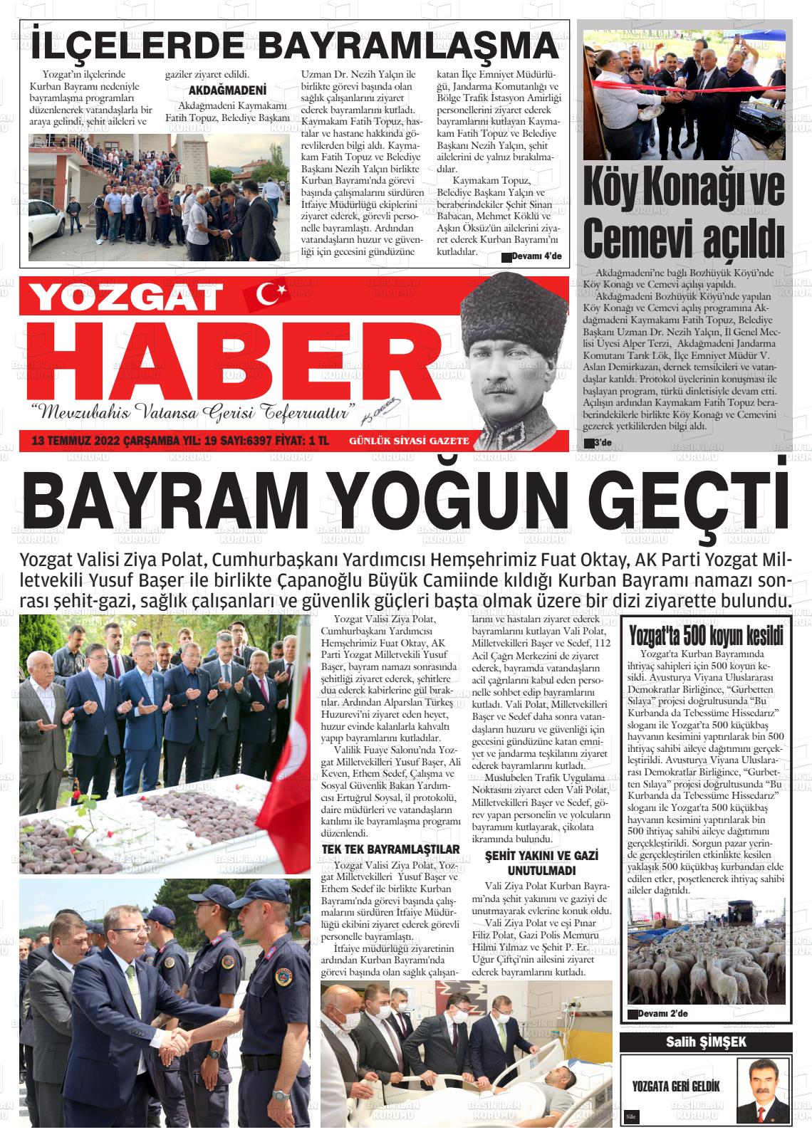 13 Temmuz 2022 Yozgat Haber Gazete Manşeti