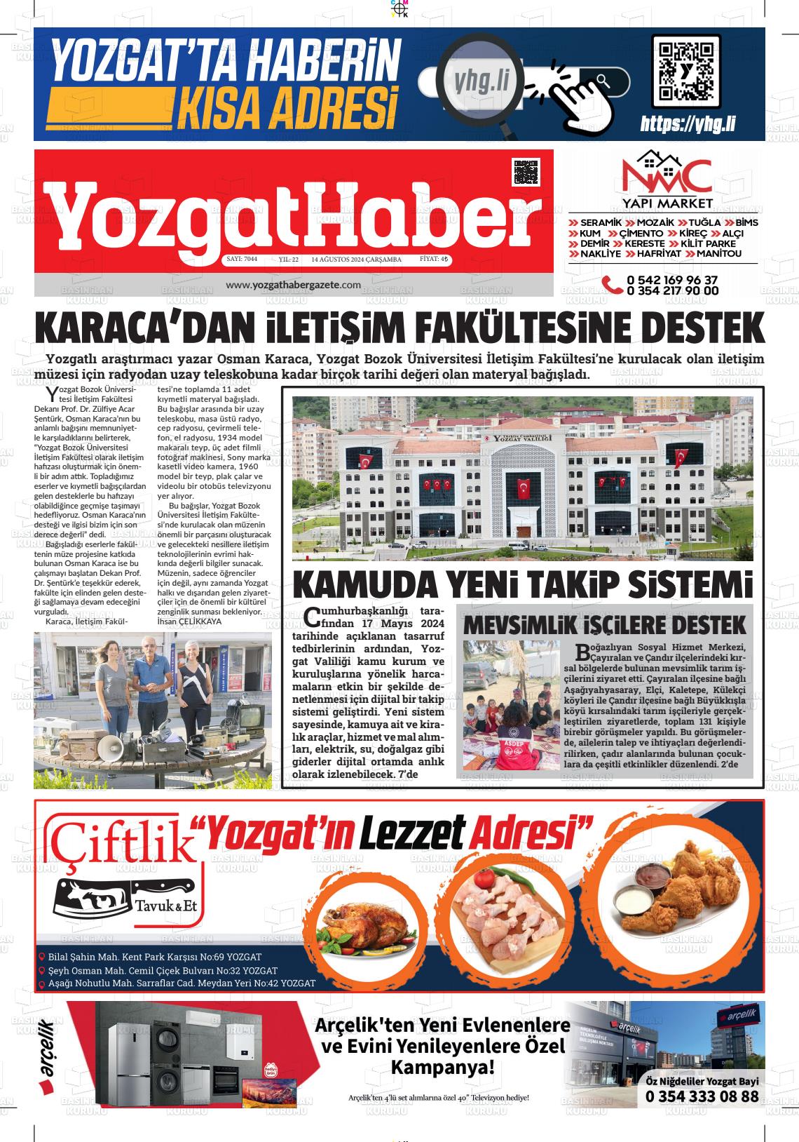 14 Ağustos 2024 Yozgat Haber Gazete Manşeti