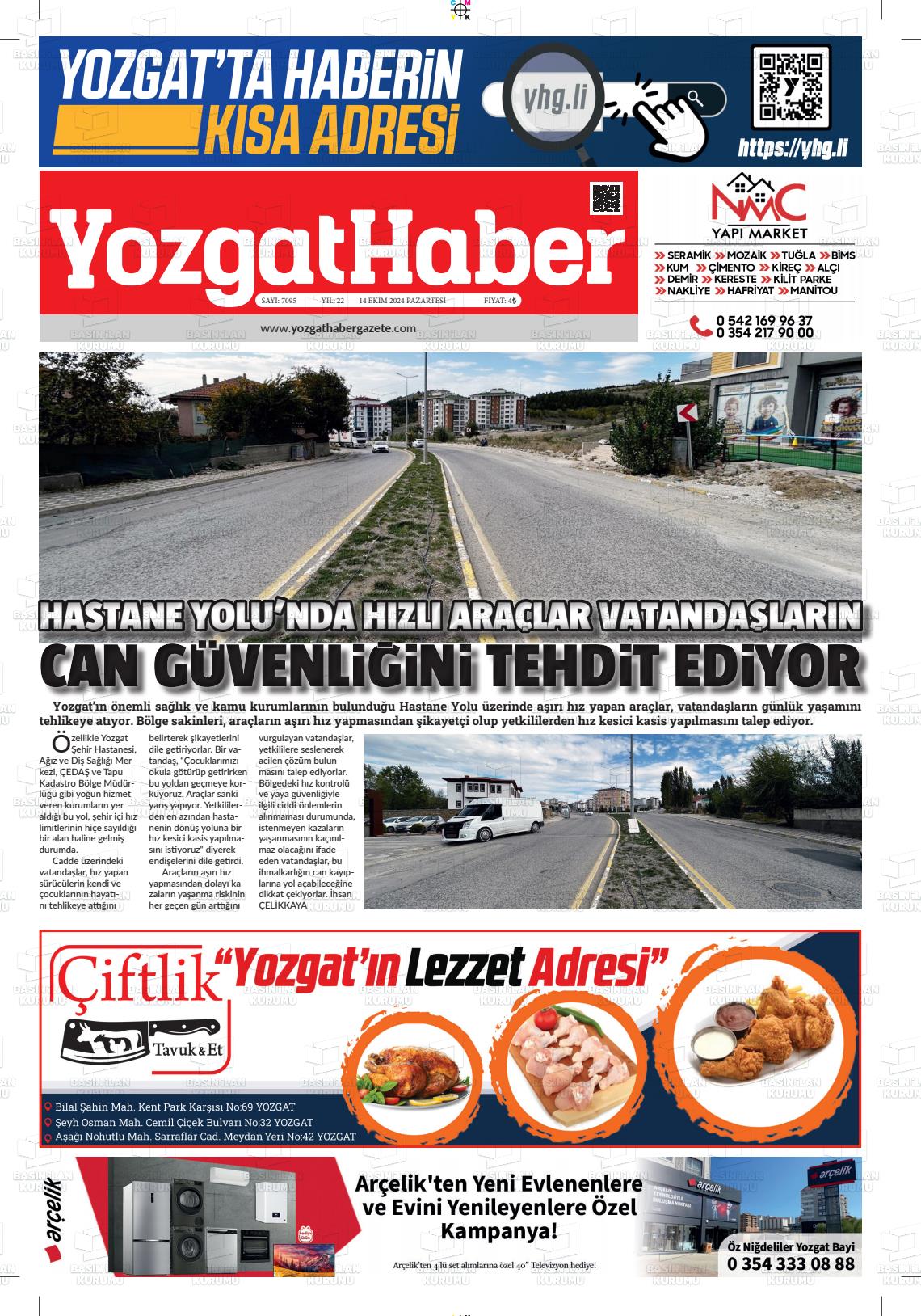 14 Ekim 2024 Yozgat Haber Gazete Manşeti