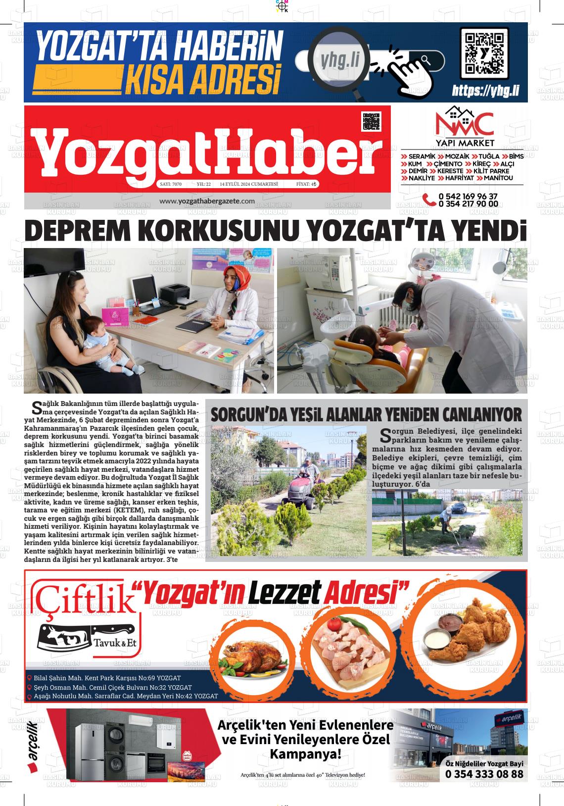 14 Eylül 2024 Yozgat Haber Gazete Manşeti