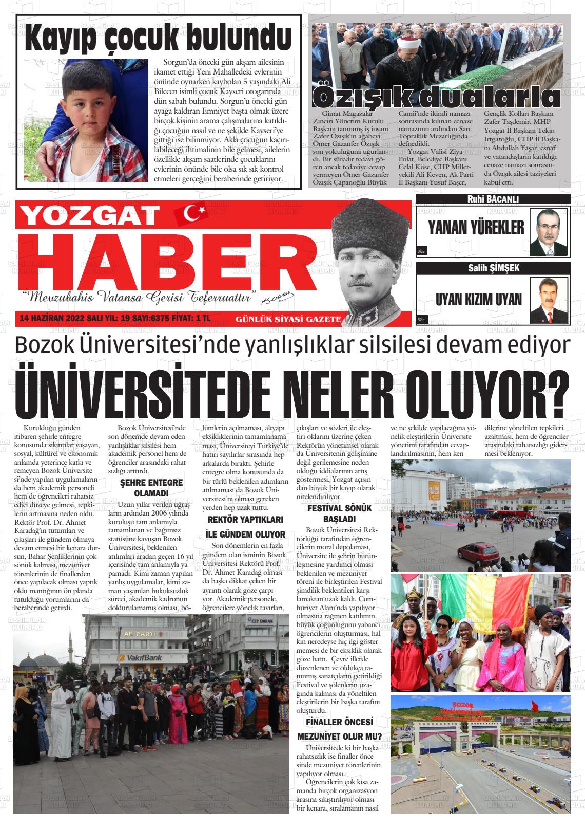 14 Haziran 2022 Yozgat Haber Gazete Manşeti