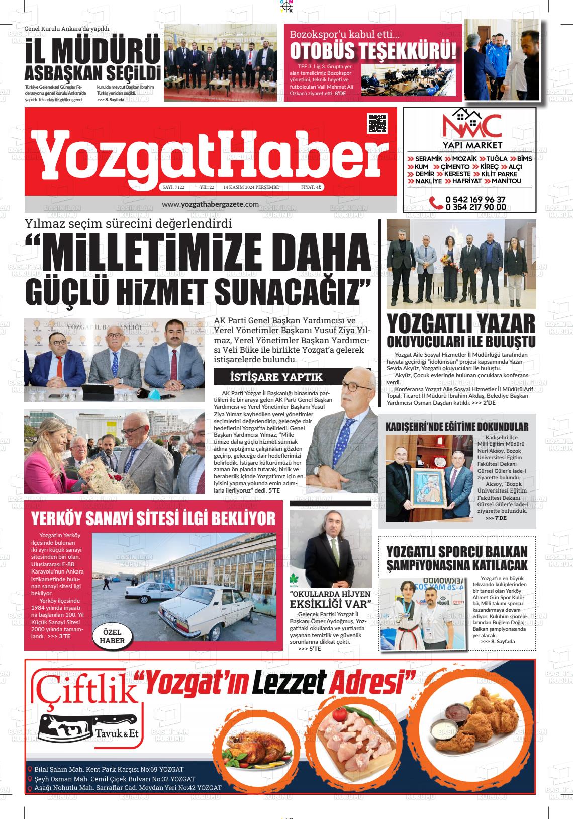 14 Kasım 2024 Yozgat Haber Gazete Manşeti