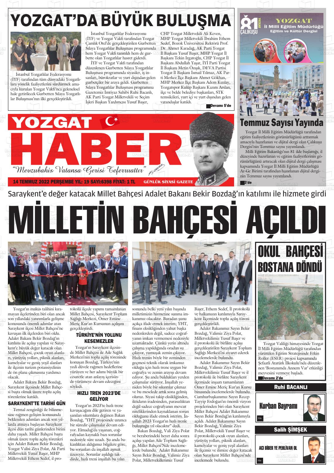 14 Temmuz 2022 Yozgat Haber Gazete Manşeti