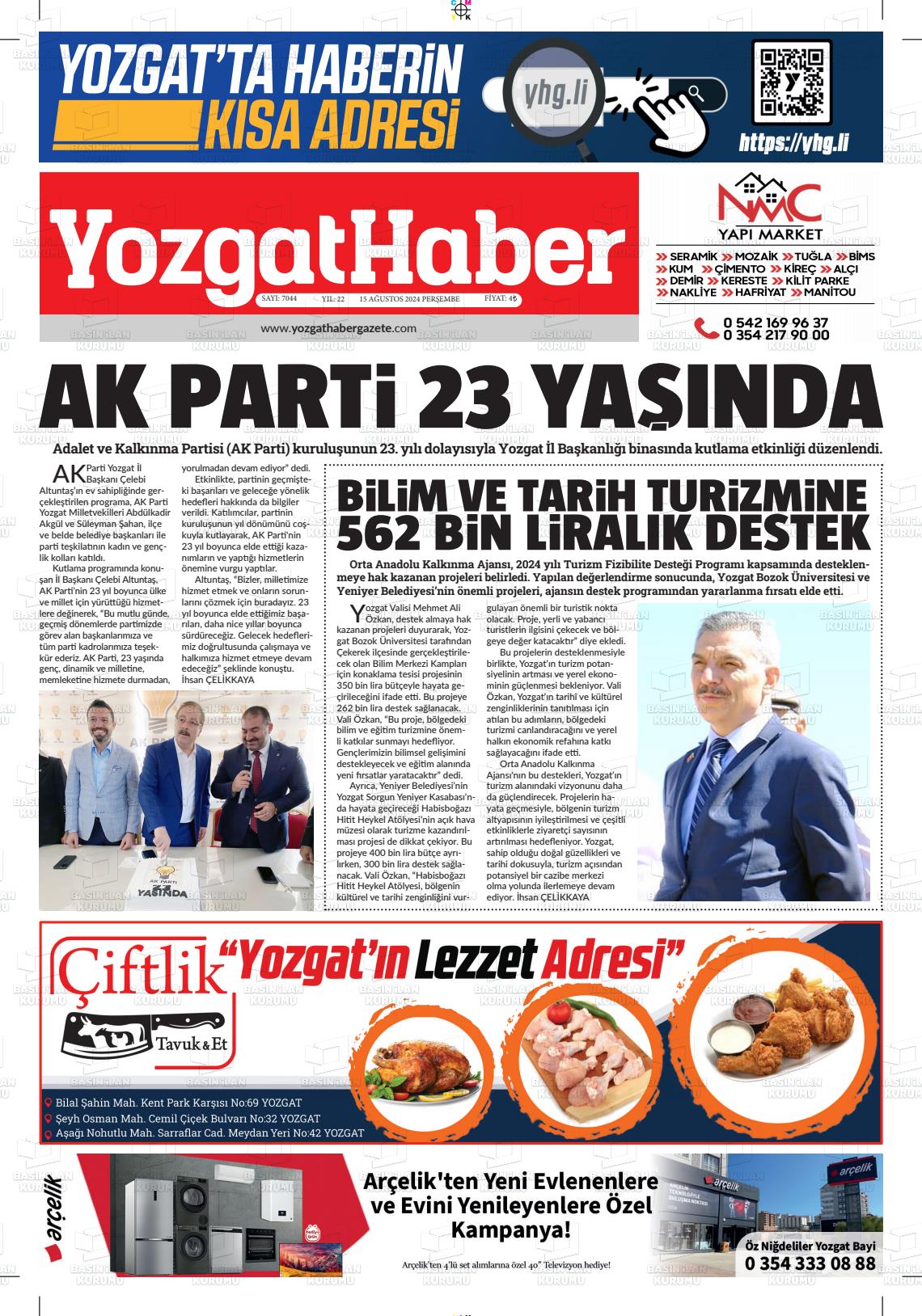 15 Ağustos 2024 Yozgat Haber Gazete Manşeti