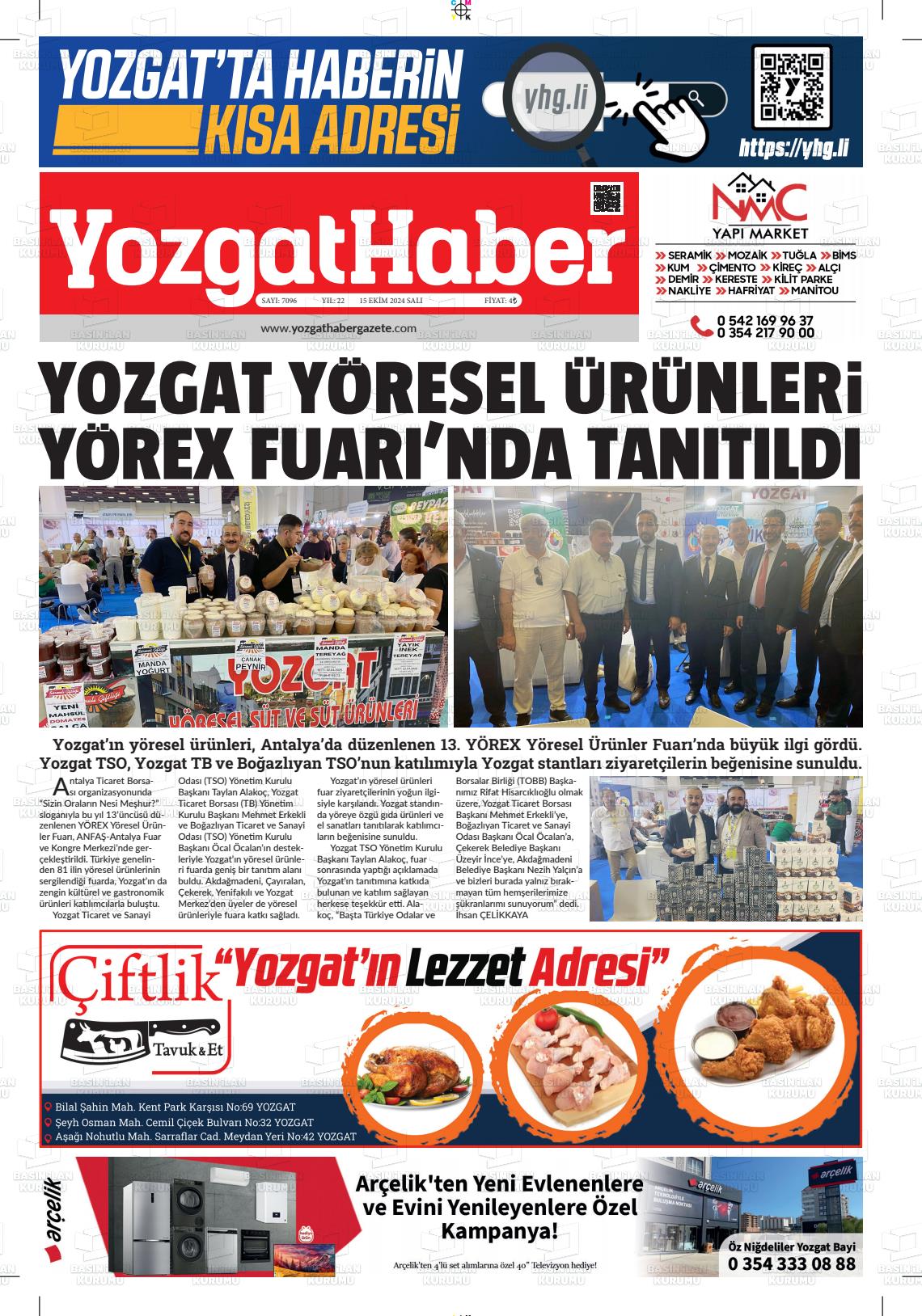 15 Ekim 2024 Yozgat Haber Gazete Manşeti