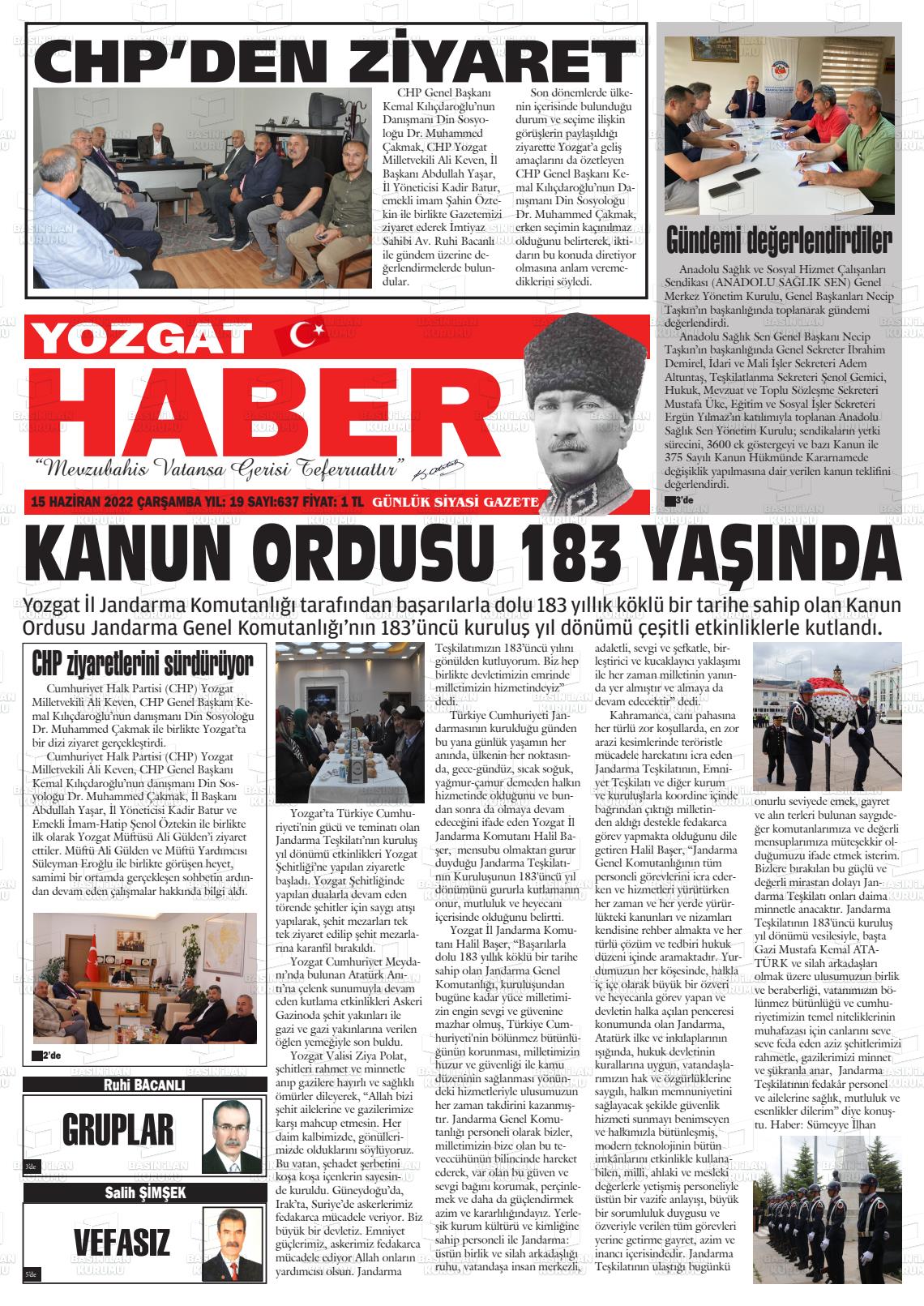 15 Haziran 2022 Yozgat Haber Gazete Manşeti