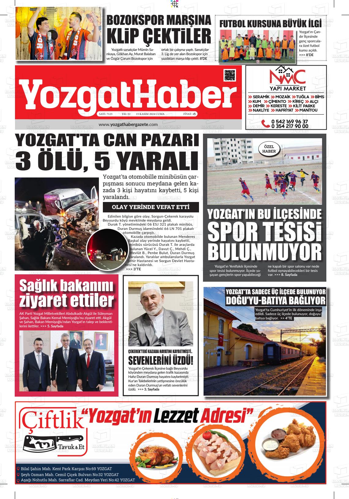 15 Kasım 2024 Yozgat Haber Gazete Manşeti