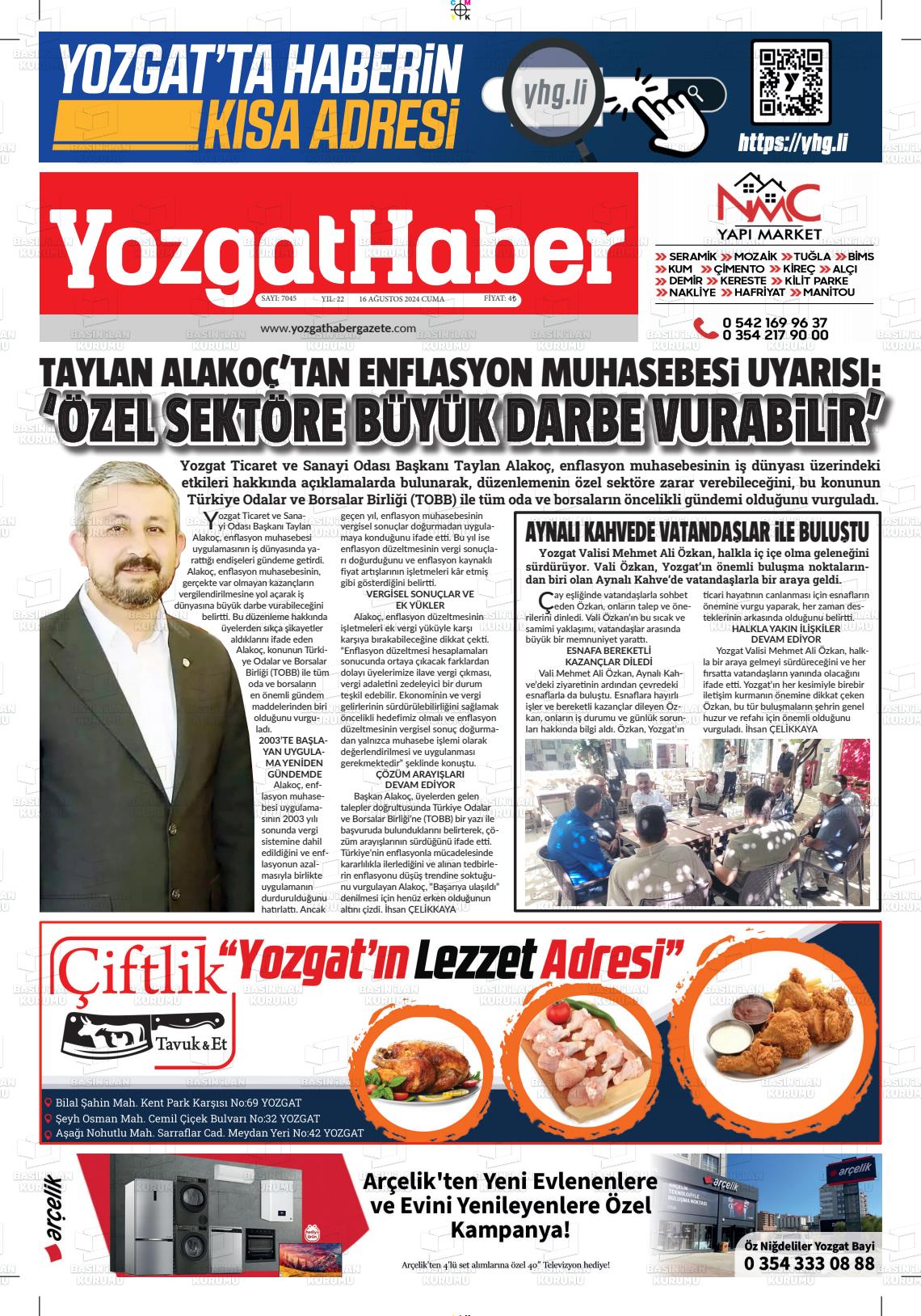 16 Ağustos 2024 Yozgat Haber Gazete Manşeti