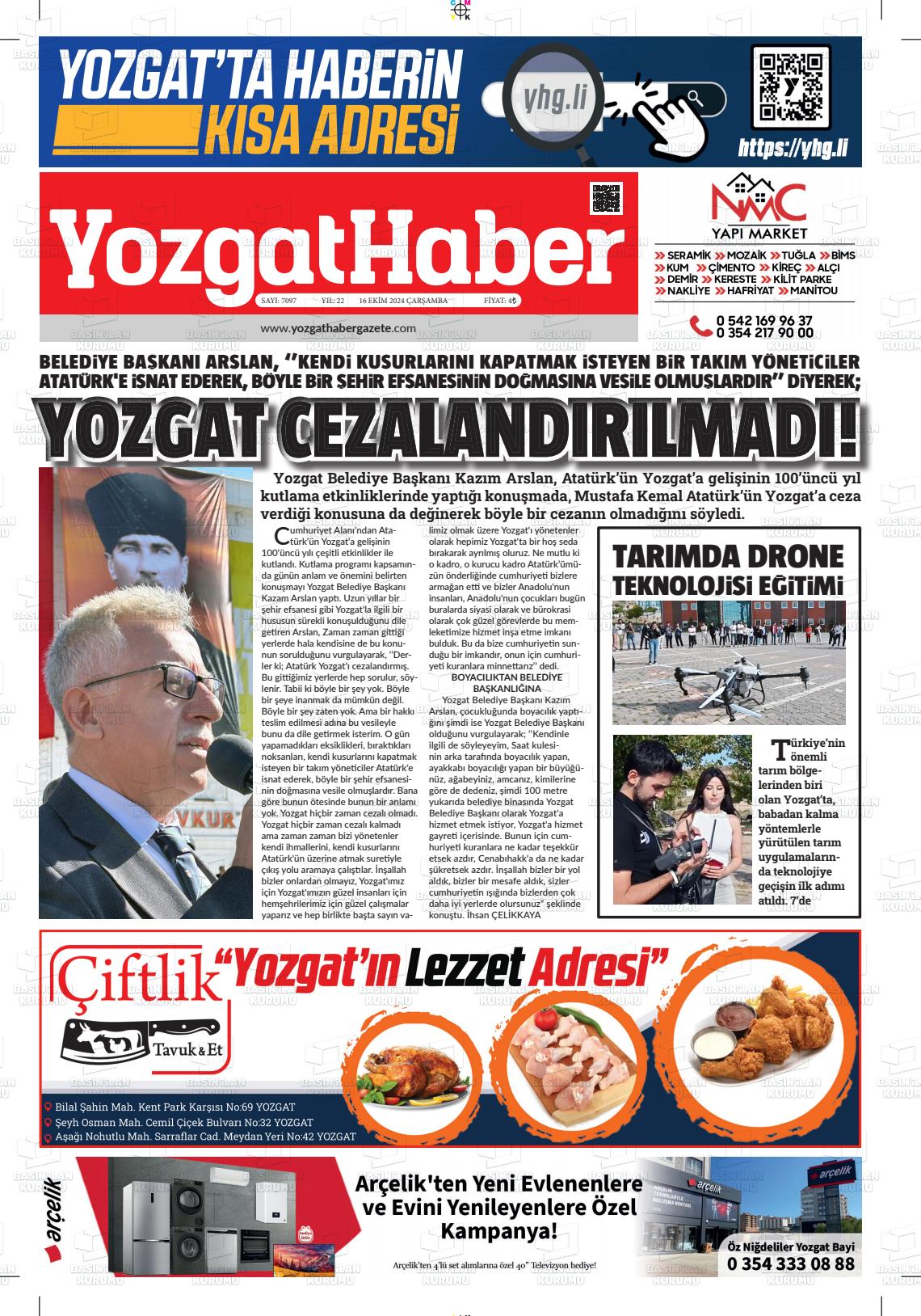 16 Ekim 2024 Yozgat Haber Gazete Manşeti