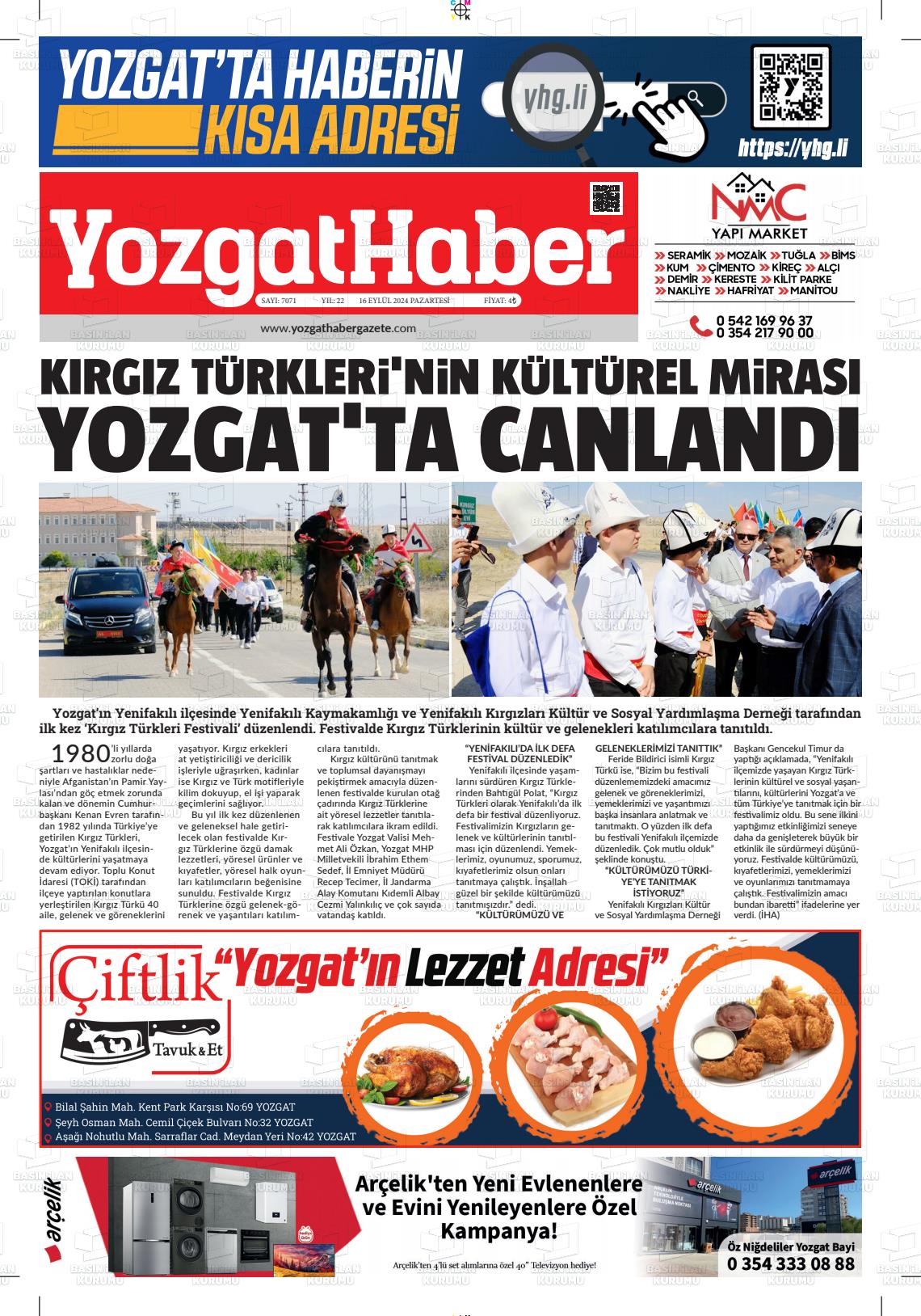 16 Eylül 2024 Yozgat Haber Gazete Manşeti