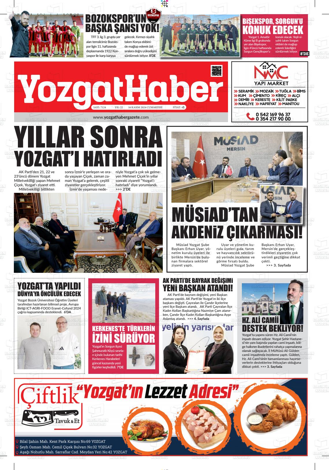 16 Kasım 2024 Yozgat Haber Gazete Manşeti