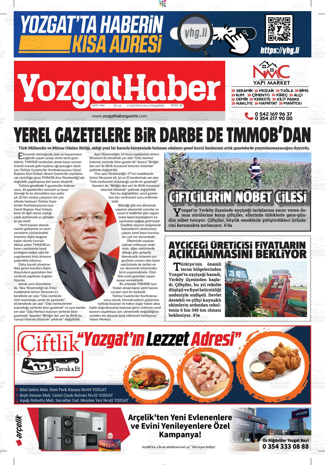 17 Ağustos 2024 Yozgat Haber Gazete Manşeti