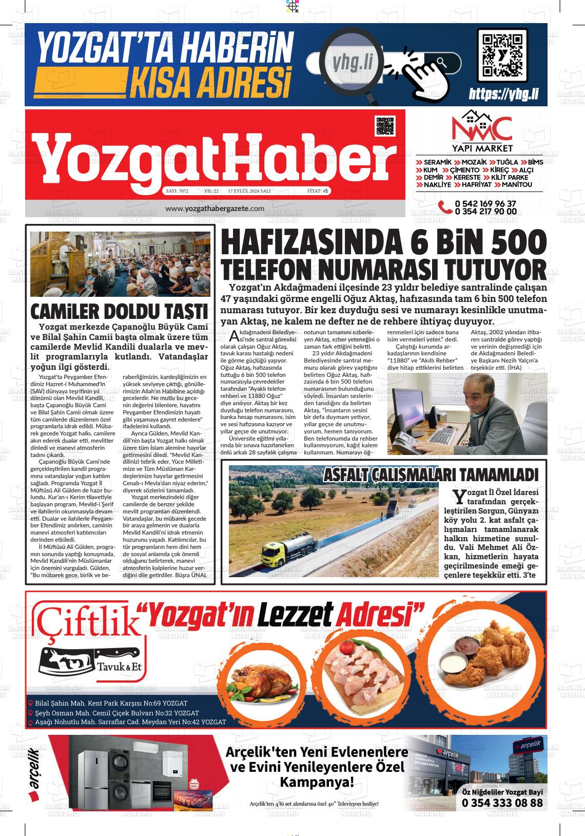 17 Eylül 2024 Yozgat Haber Gazete Manşeti