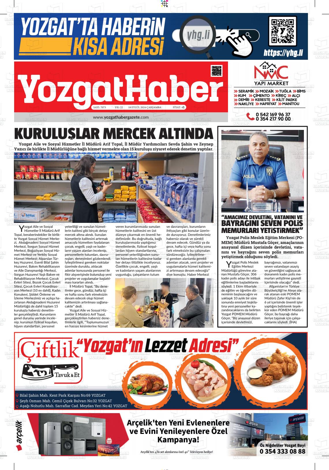 18 Eylül 2024 Yozgat Haber Gazete Manşeti