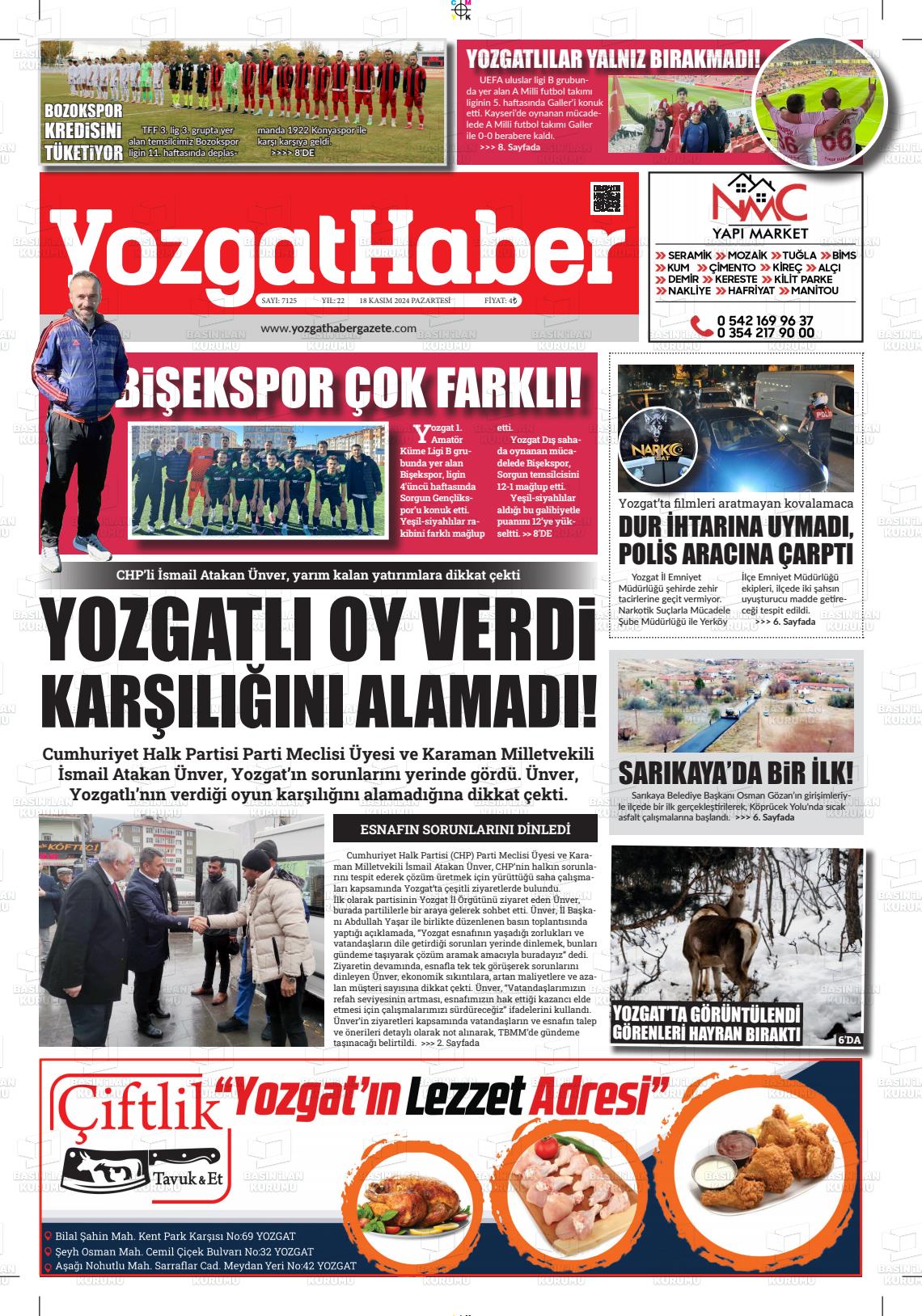 18 Kasım 2024 Yozgat Haber Gazete Manşeti