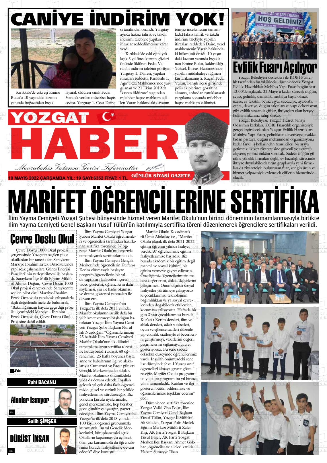 18 Mayıs 2022 Yozgat Haber Gazete Manşeti