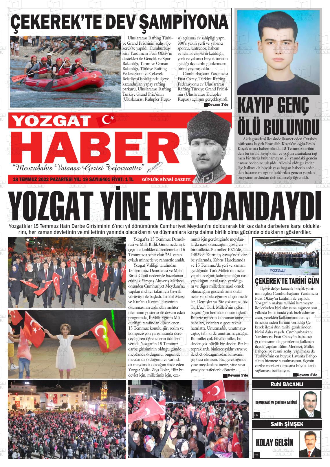 18 Temmuz 2022 Yozgat Haber Gazete Manşeti