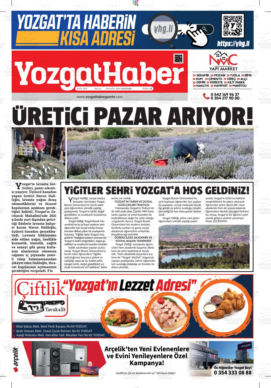 19 Eylül 2024 Yozgat Haber Gazete Manşeti