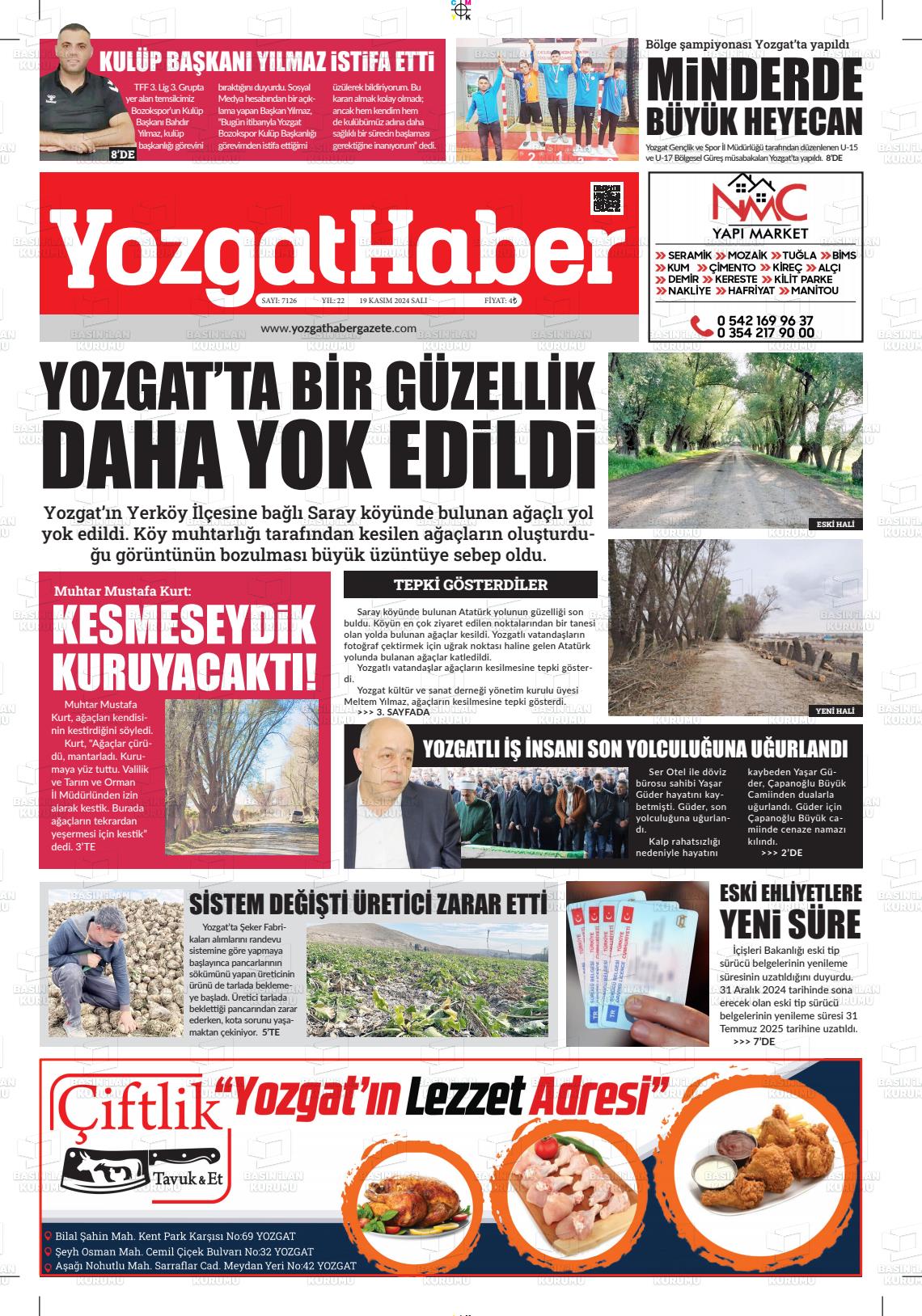 19 Kasım 2024 Yozgat Haber Gazete Manşeti