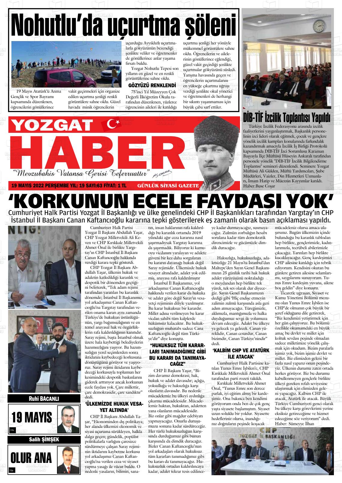 19 Mayıs 2022 Yozgat Haber Gazete Manşeti