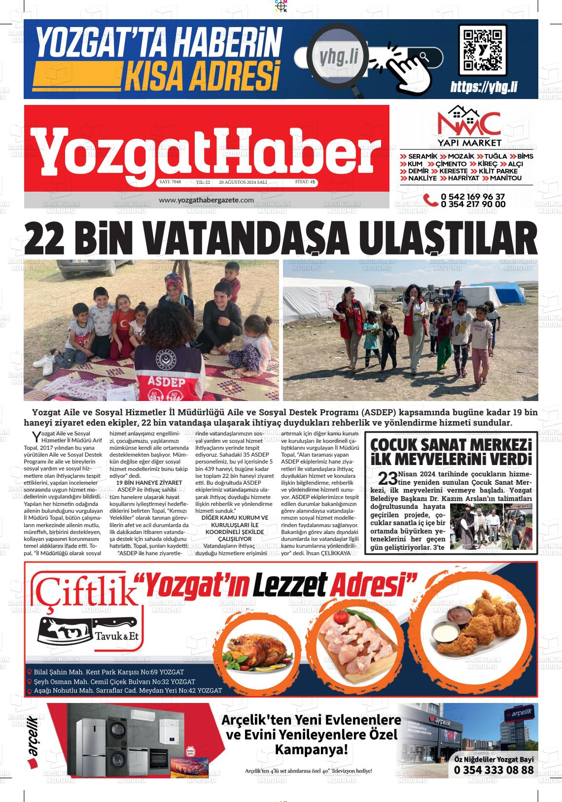 20 Ağustos 2024 Yozgat Haber Gazete Manşeti