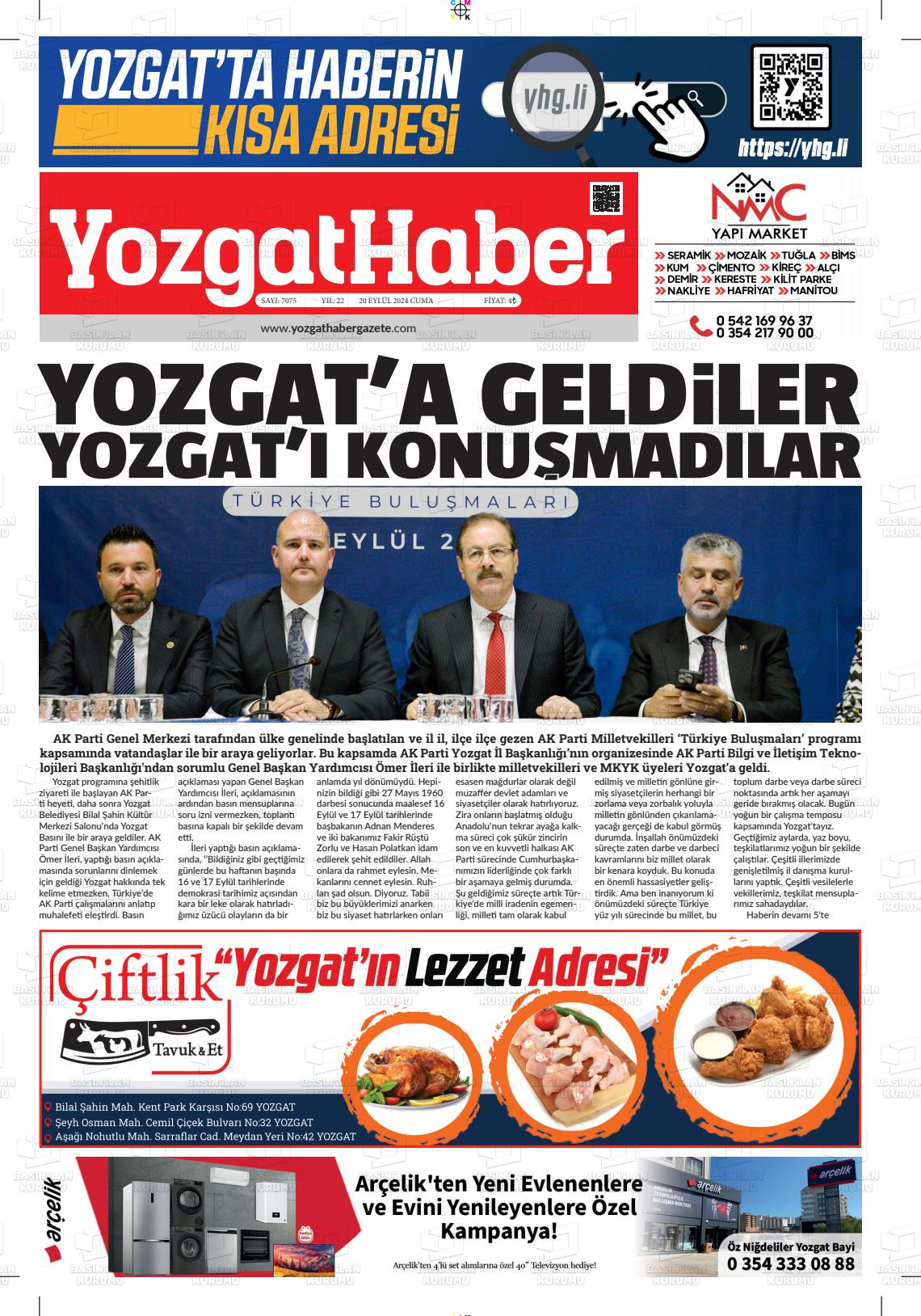 20 Eylül 2024 Yozgat Haber Gazete Manşeti