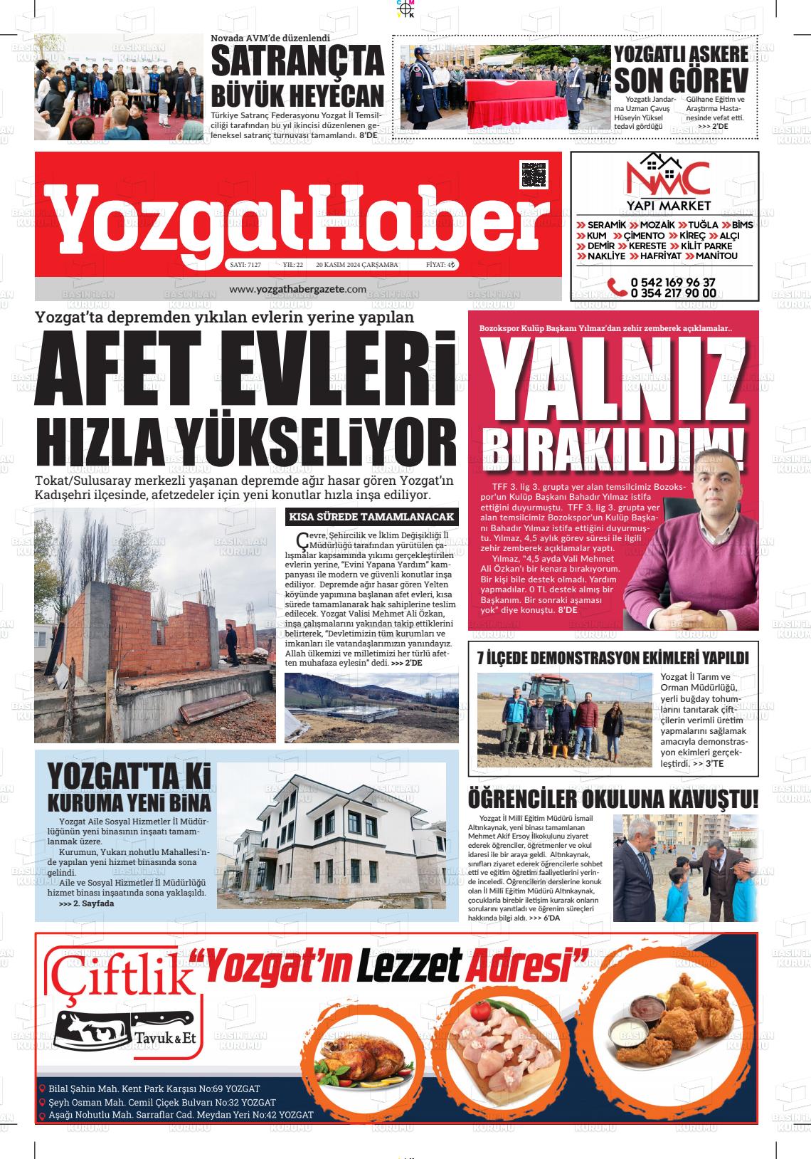 20 Kasım 2024 Yozgat Haber Gazete Manşeti