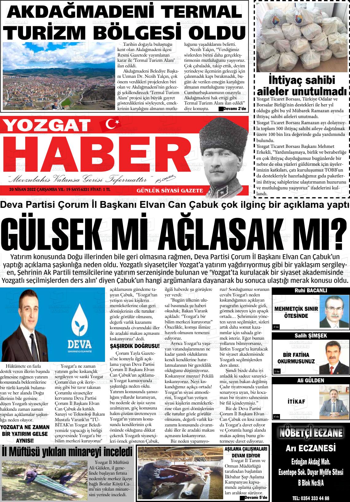 20 Nisan 2022 Yozgat Haber Gazete Manşeti