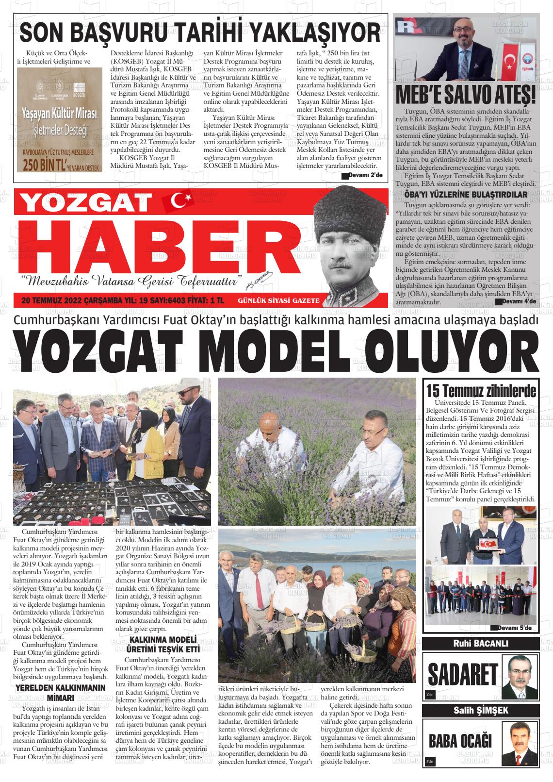 20 Temmuz 2022 Yozgat Haber Gazete Manşeti