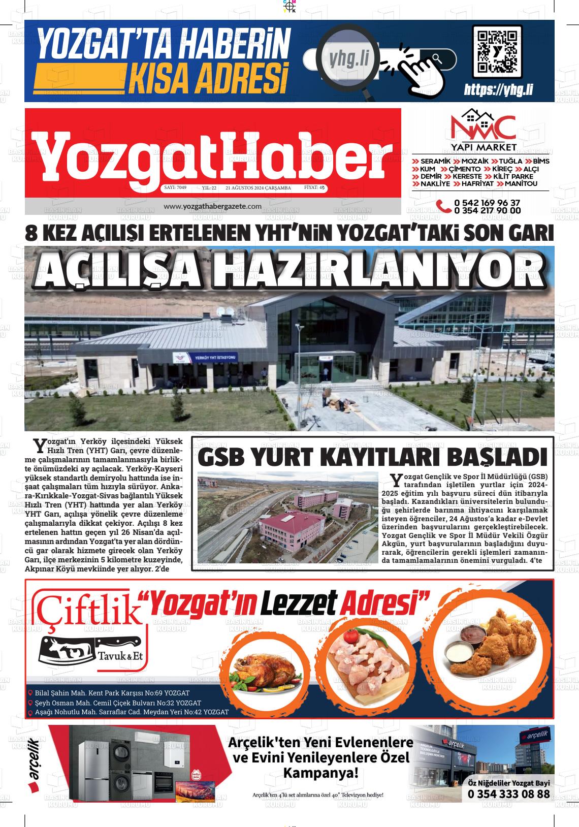 21 Ağustos 2024 Yozgat Haber Gazete Manşeti