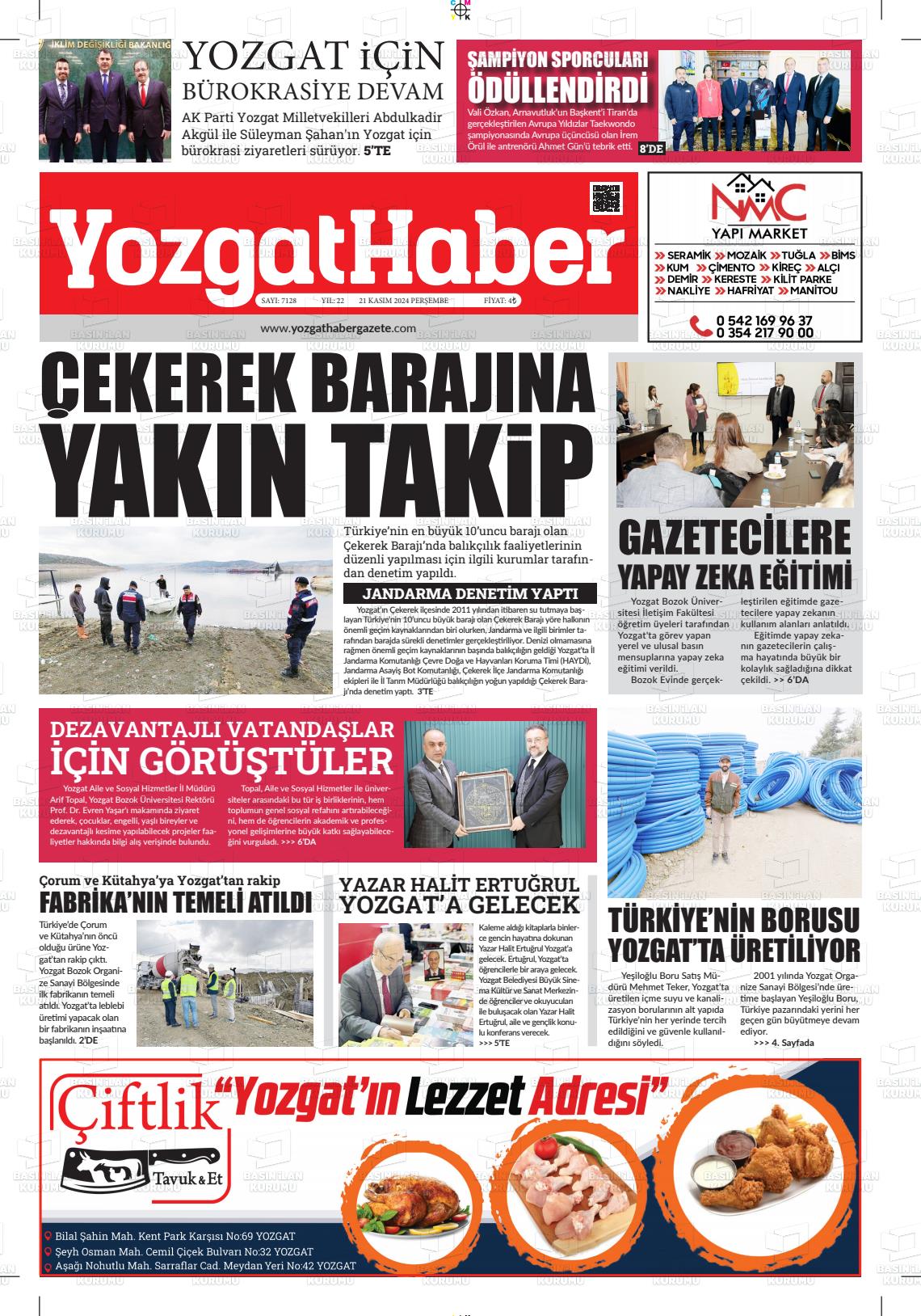 21 Kasım 2024 Yozgat Haber Gazete Manşeti