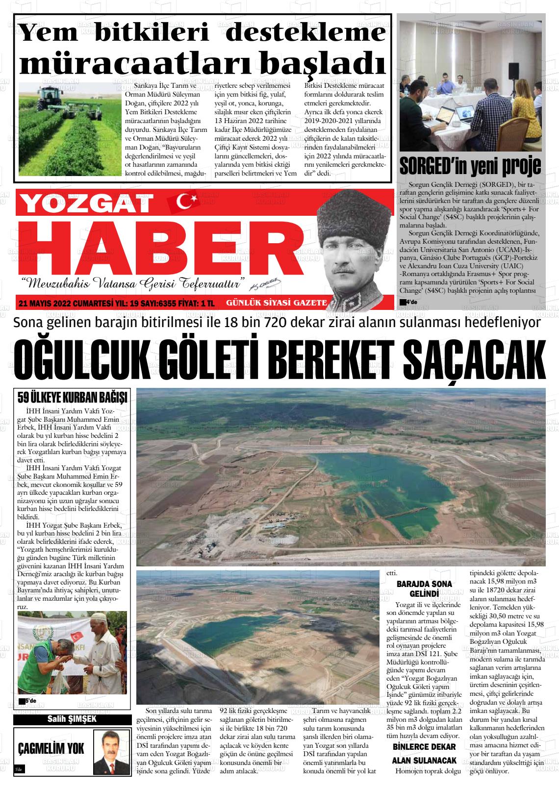 21 Mayıs 2022 Yozgat Haber Gazete Manşeti