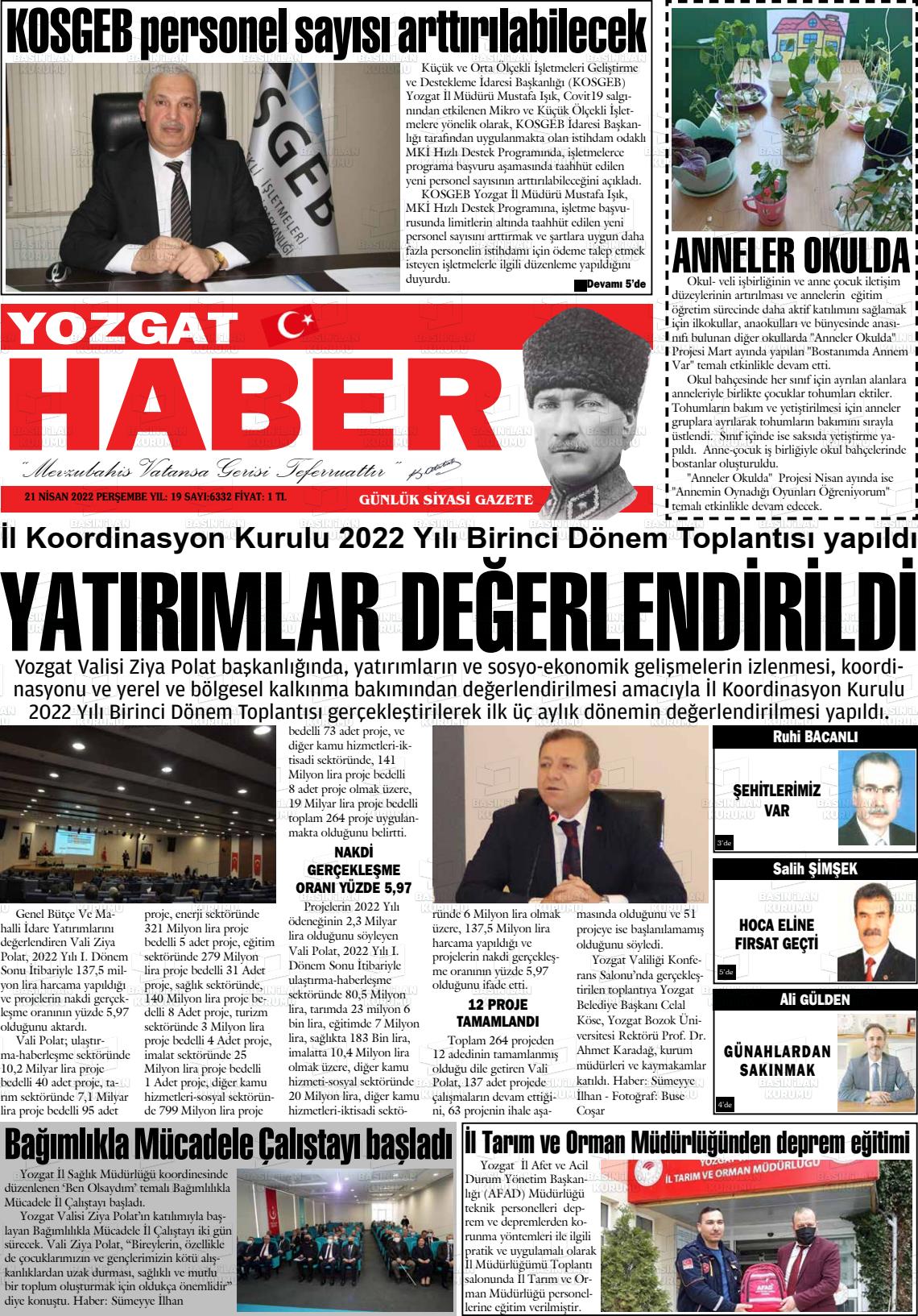 21 Nisan 2022 Yozgat Haber Gazete Manşeti