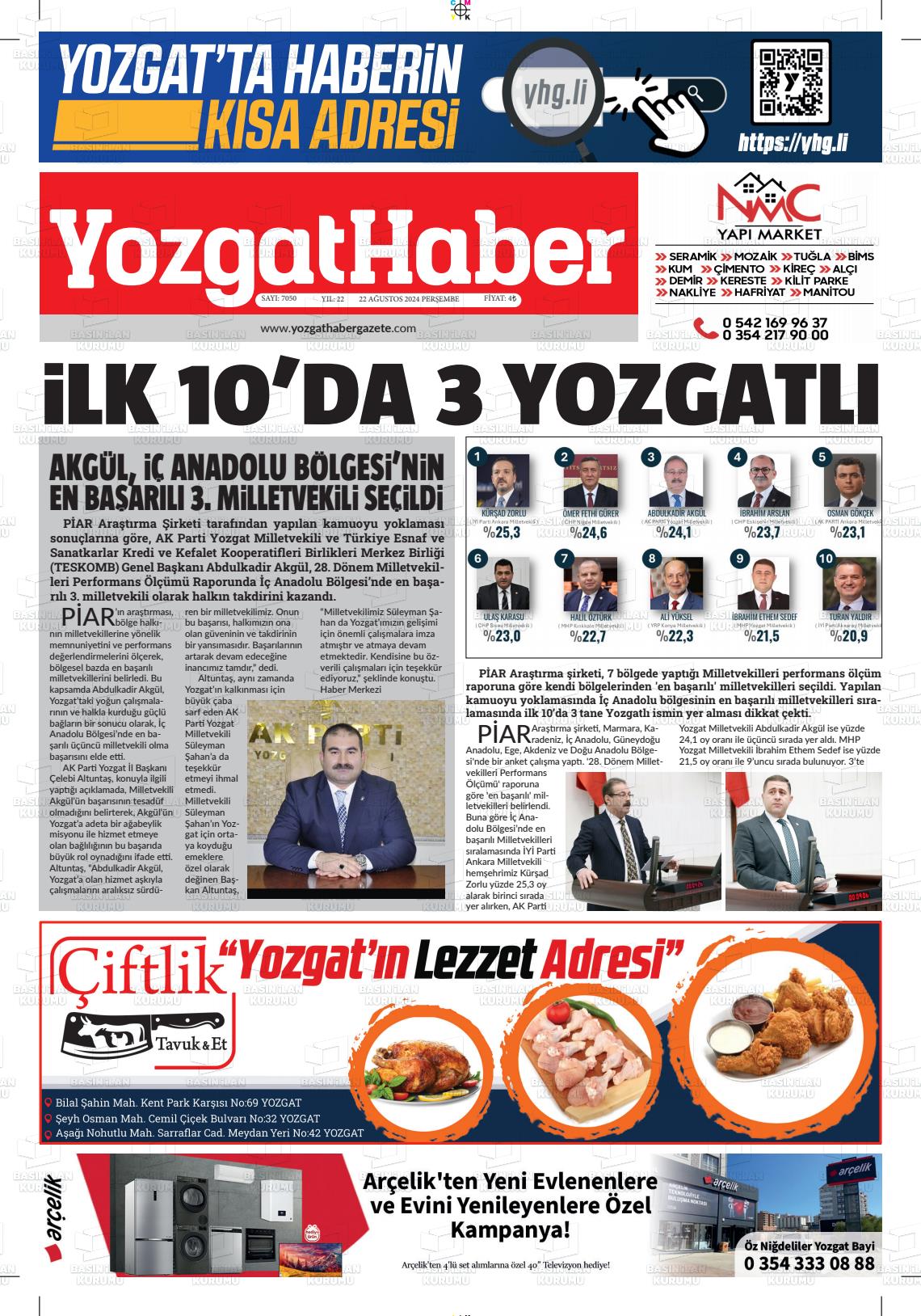 22 Ağustos 2024 Yozgat Haber Gazete Manşeti