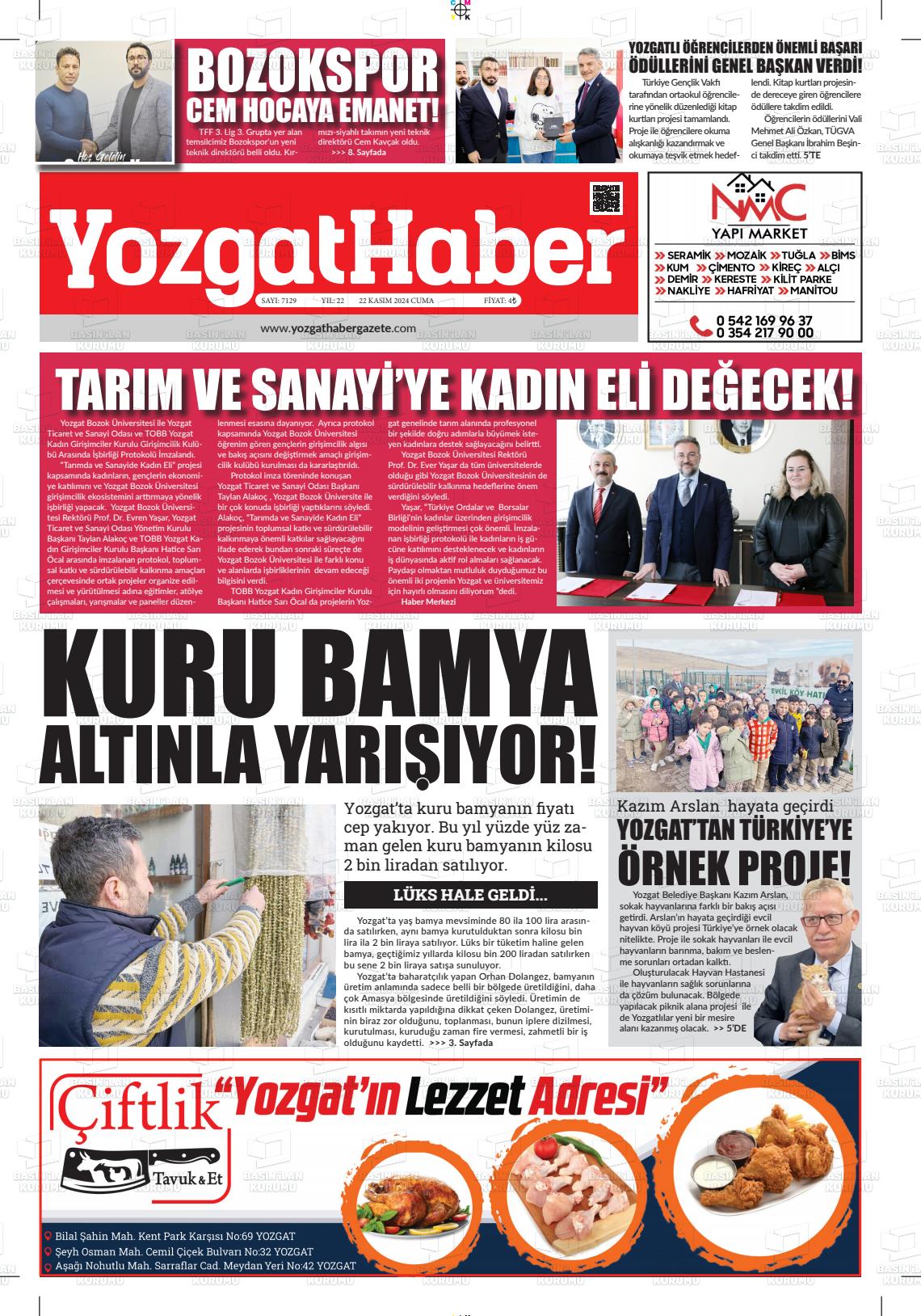 22 Kasım 2024 Yozgat Haber Gazete Manşeti