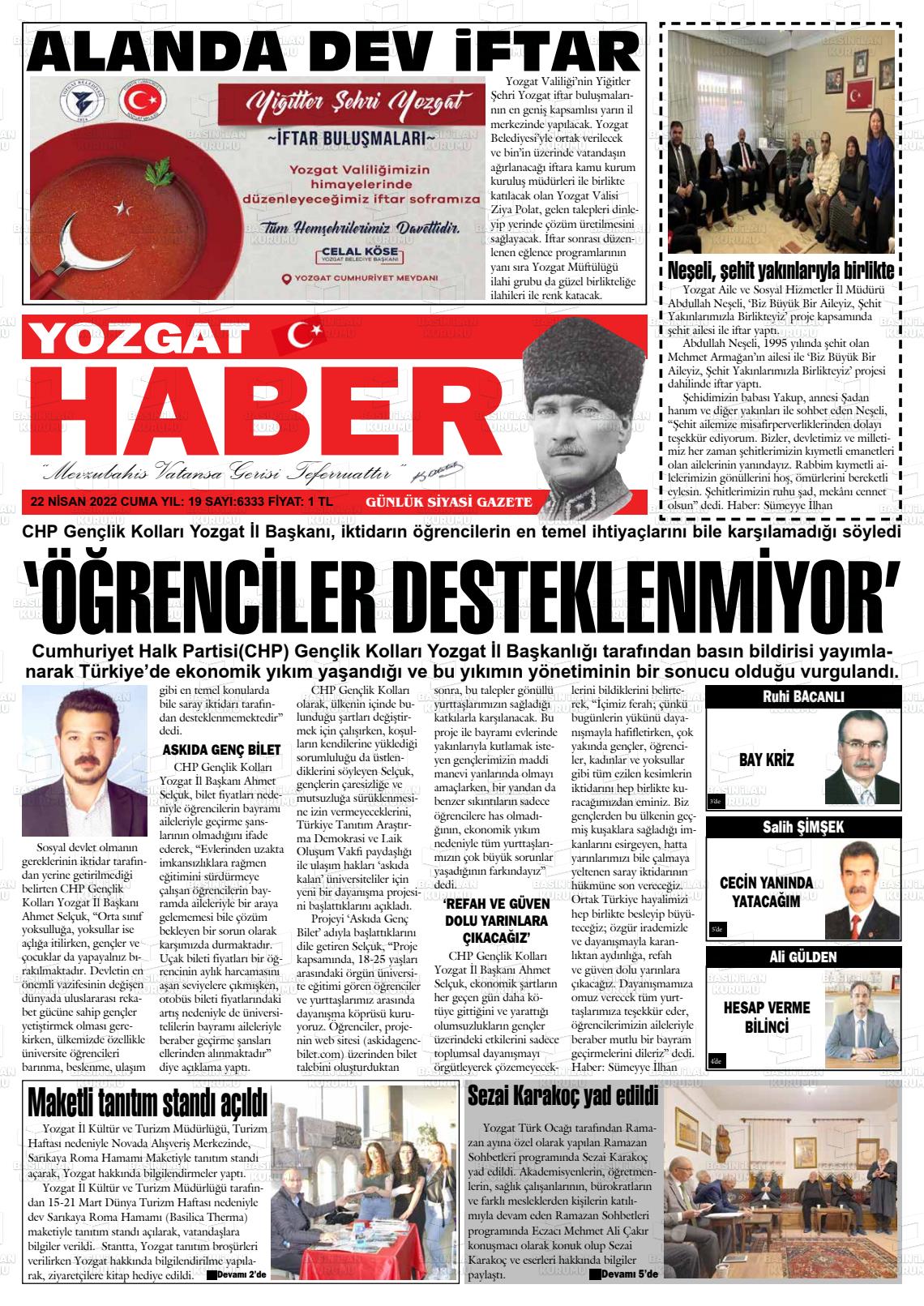 22 Nisan 2022 Yozgat Haber Gazete Manşeti