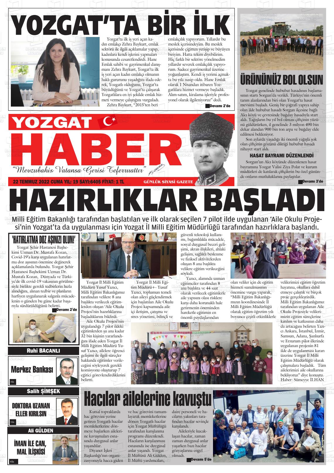 22 Temmuz 2022 Yozgat Haber Gazete Manşeti