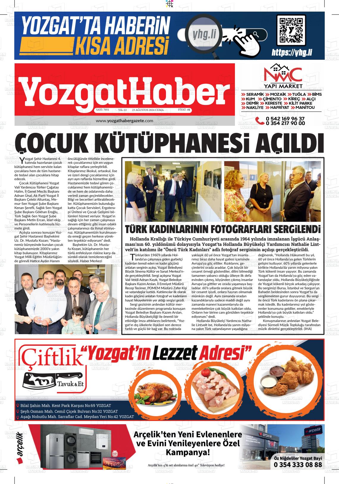 23 Ağustos 2024 Yozgat Haber Gazete Manşeti