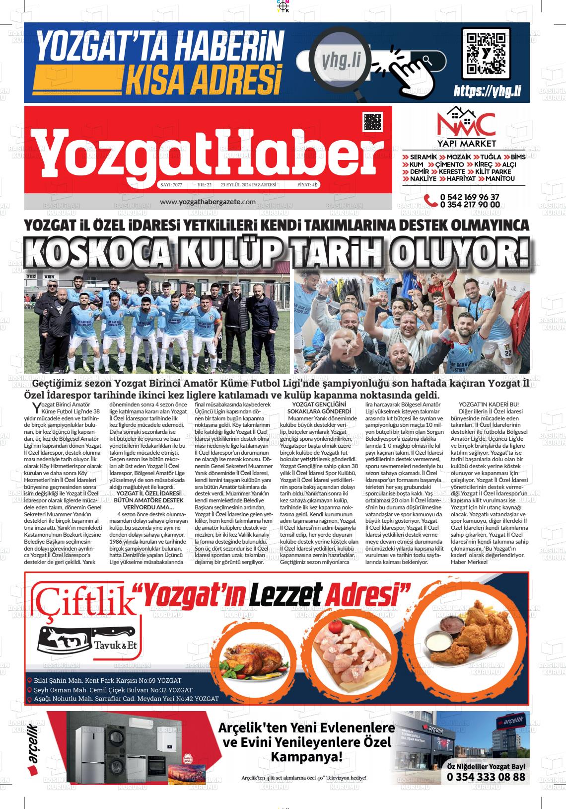 23 Eylül 2024 Yozgat Haber Gazete Manşeti