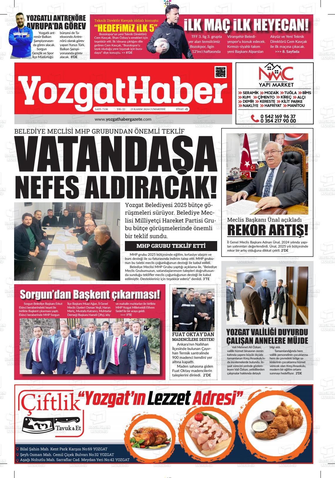 23 Kasım 2024 Yozgat Haber Gazete Manşeti