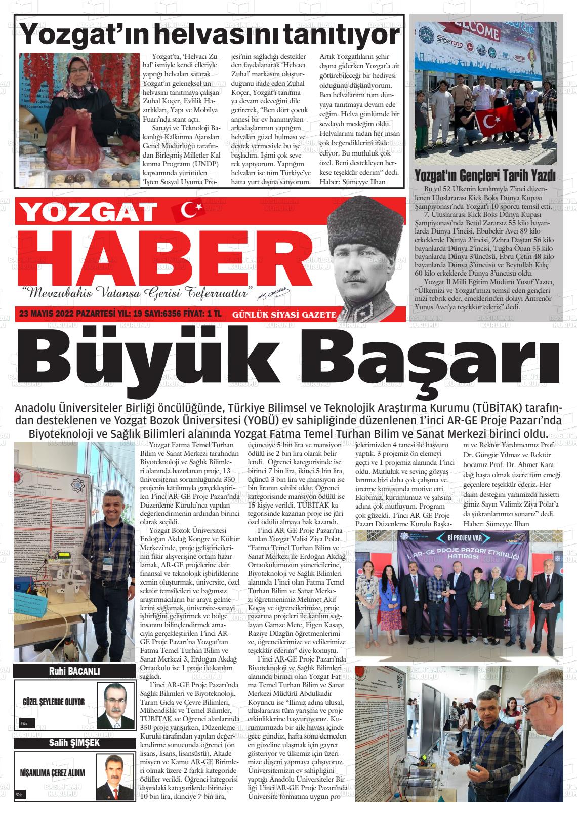 23 Mayıs 2022 Yozgat Haber Gazete Manşeti