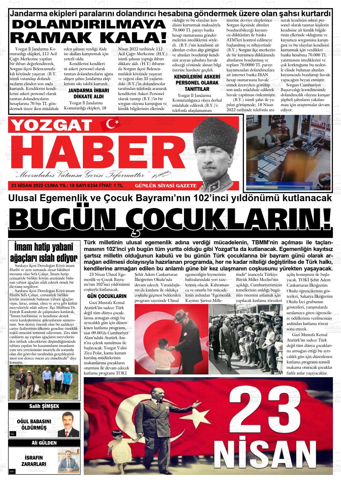 23 Nisan 2022 Yozgat Haber Gazete Manşeti